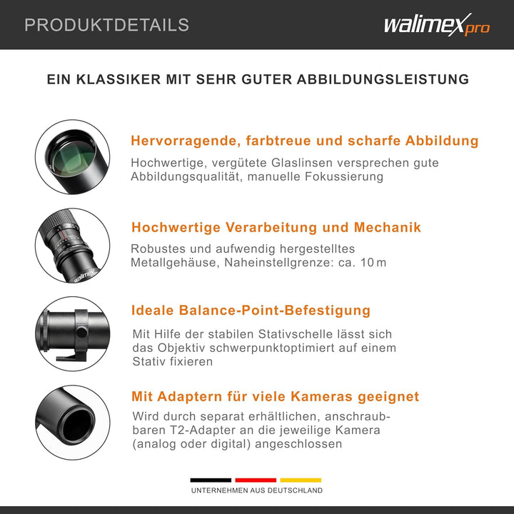 Walimex 12701 500 mm 0.000787037037037037 DSLR-Objektiv (Filterduchmesser 67 mm, mit ausziehbarer Ge