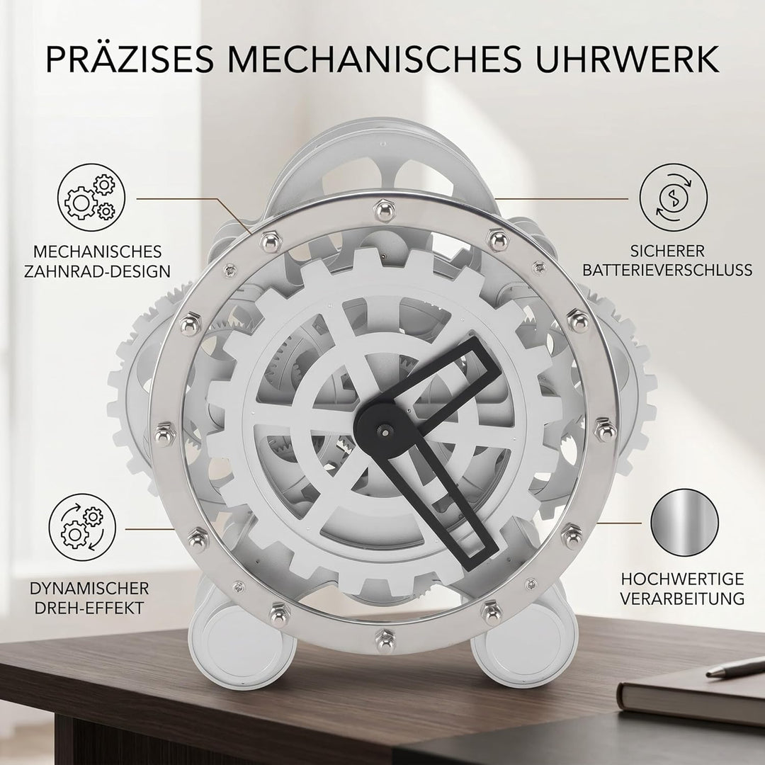 Ejoyous Schreibtischuhr mit Echten Beweglichen Zahnrädern, PVC-Edelstahl-Tischuhr für Wohnzimmerdeko