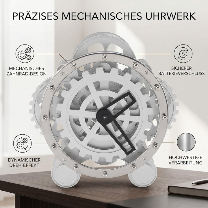 Ejoyous Schreibtischuhr mit Echten Beweglichen Zahnrädern, PVC-Edelstahl-Tischuhr für Wohnzimmerdeko