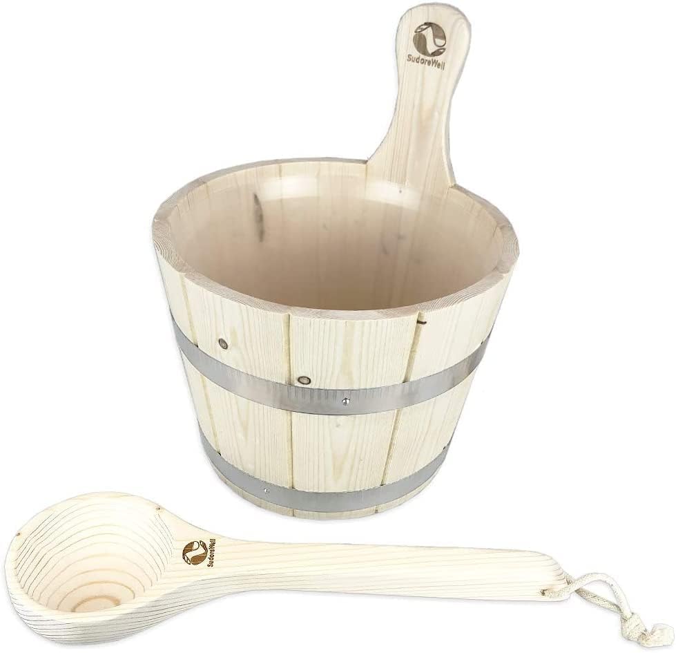 SudoreWell® Saunakübel Set 3tlg. - Saunakübel aus Nadelholz 5.0 Liter mit Einsatz und Saunakelle 3 S