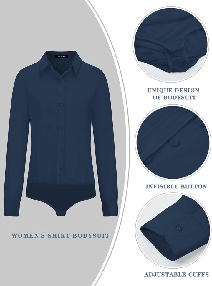 Tapata Damen-Bodysuit-Bluse mit Knöpfen, einteilig, langärmlig, solides Büroarbeitshemd, lässige Obe