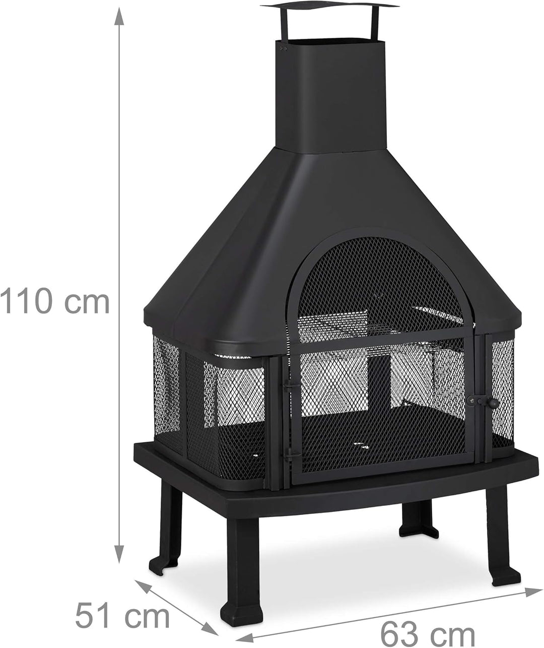 Relaxdays, schwarz Terrassenofen mit Grill, Feuerstelle mit Funkenschutz, Schürhaken, massiv, Stahl,