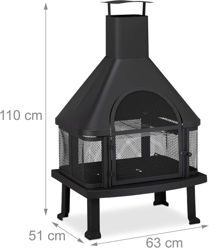 Relaxdays, schwarz Terrassenofen mit Grill, Feuerstelle mit Funkenschutz, Schürhaken, massiv, Stahl,