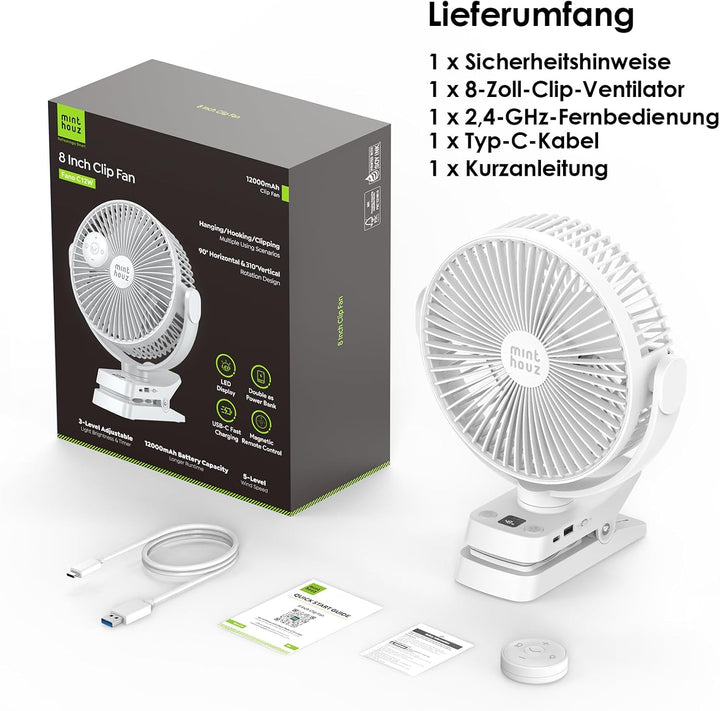Minthouz 12000mAh Clip Ventilator, 20 cm (8 Zoll USB Tischventilator, 5 Stufen, 29 Stunden Laufzeit,