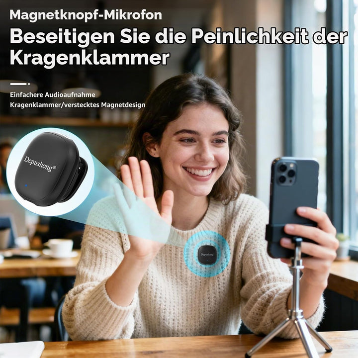 Depusheng V2 2 Stück kabelloses Lavalier-Mikrofon für iPhone, iPad und Android mit Ladecase, 8 Stund