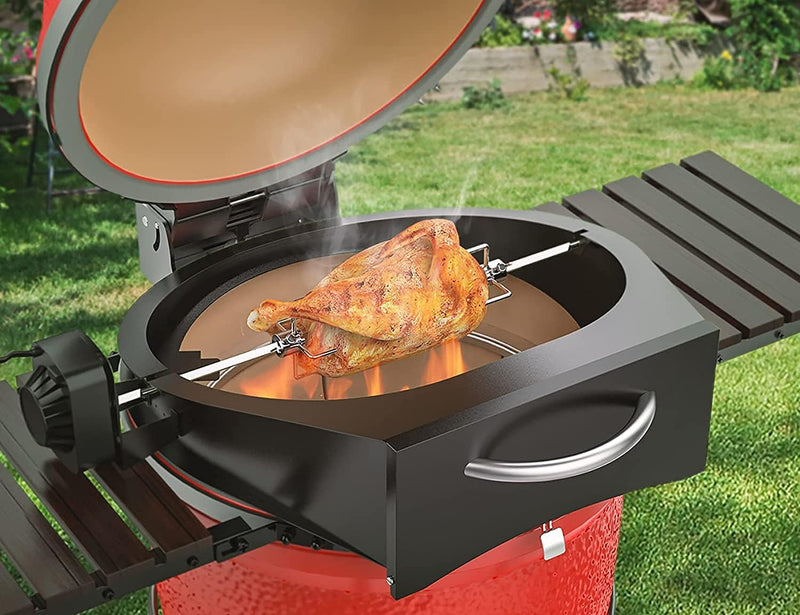 Onlyfire 6065 PizzaRing Kit mit Drehspiess, Pizzaeinsatz und Rotisserie Grillspiess für Kamado Joe C