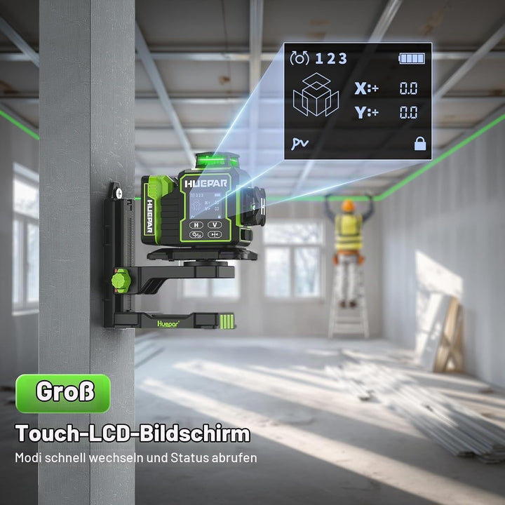 Huepar W03CG 3D-Laser-Nivelliergerät für Neubauten, 3x360° selbstnivellierend, 12 Linien, Bluetooth-