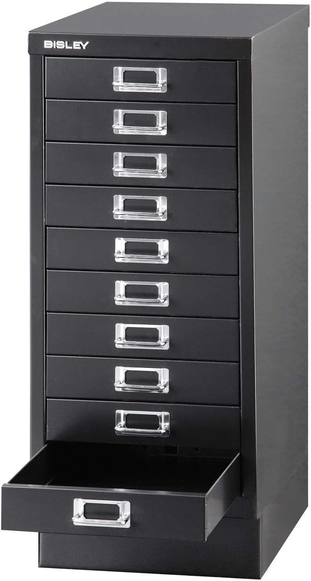 BISLEY MultiDrawer, 29er Serie mit Sockel, DIN A4, 10 Schubladen, Metall, 633 Schwarz, 38 x 27.9 x 6