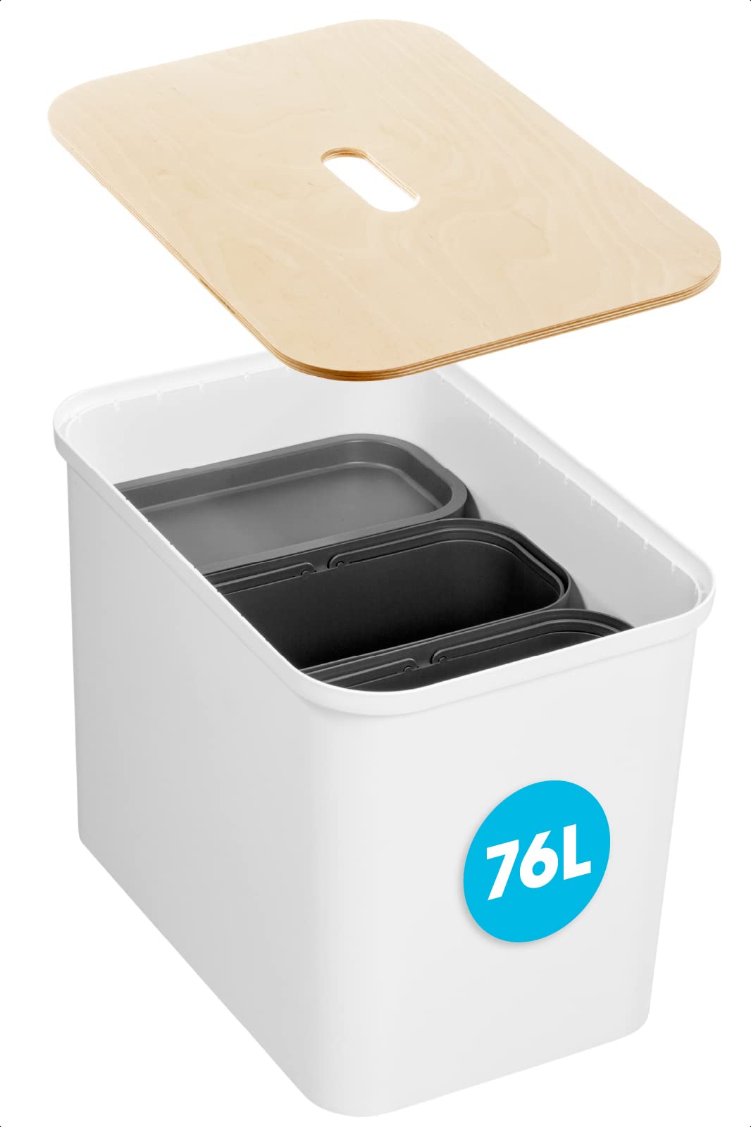 SmartStore Recycling-Mülleimer – 76 l grosser Küchenabfalleimer mit Holzdeckel, 3 x 13 l Eimereinsät
