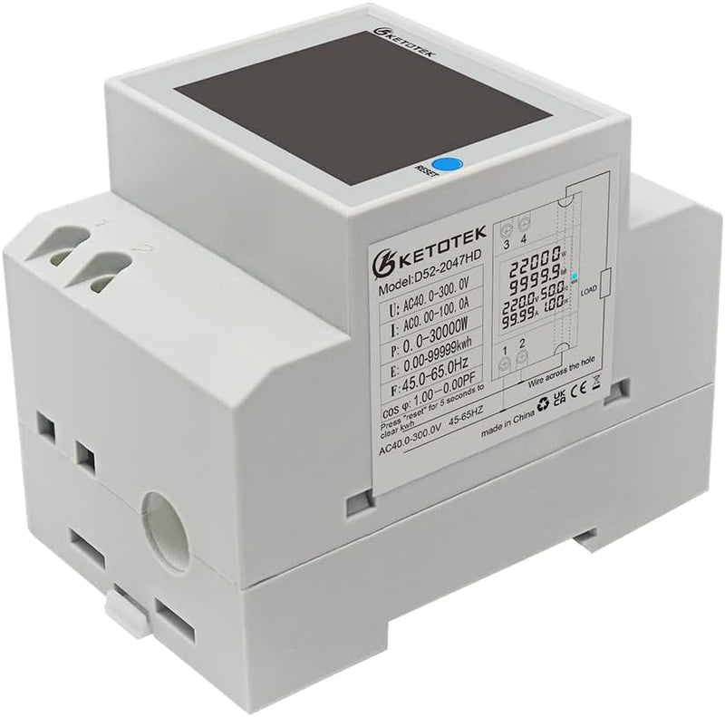 KETOTEK Stromzähler Hutschiene, Digitaler Energiezähler 6in1, AC40-300V 100A Wechselstromzähler KWh