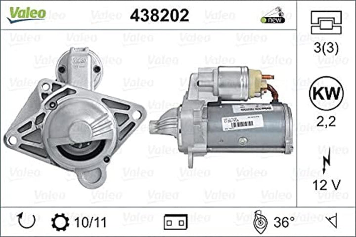 VALEO 438202 Starter Nennleistung: 2,2 kW Stop & Start: NO Zähnezahl: 10 zähne Spannung: 12 V Drehri
