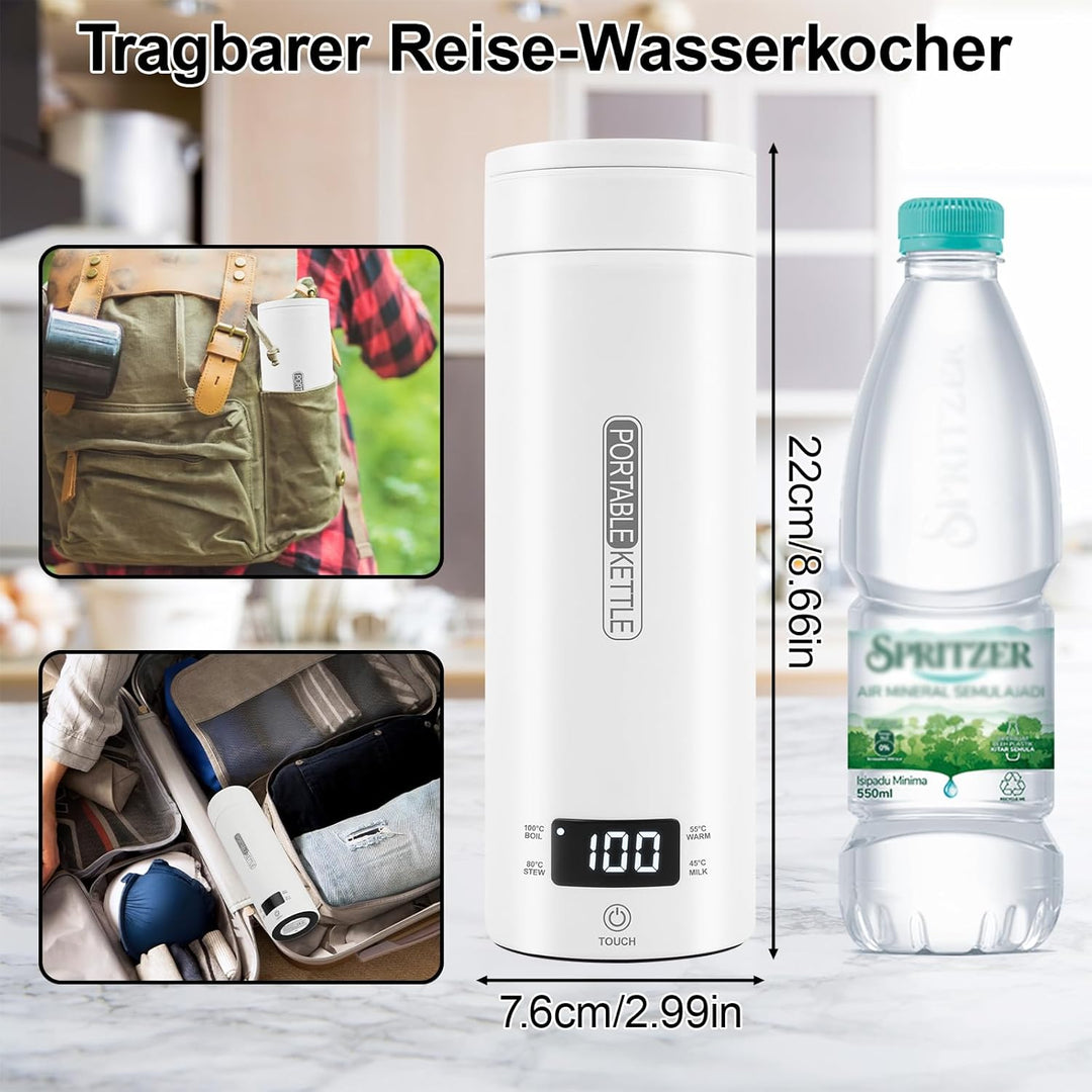 Elektrischer Reisewasserkocher Klein 500ml, Mini Wasserkocher Tragbar 316 Edelstahl Doppelschicht, T