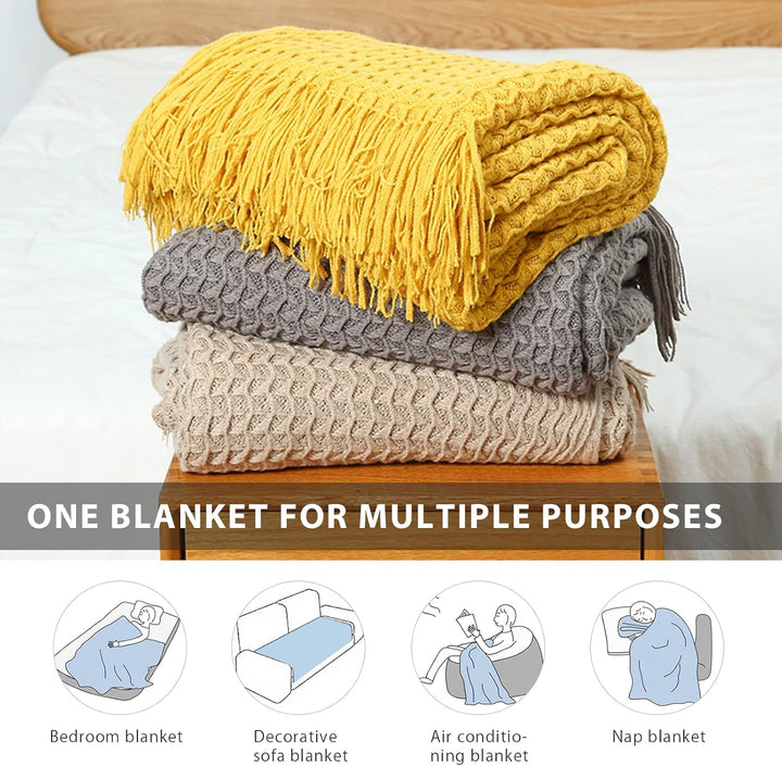 LumiSyne Zellulare Strickdecke Mit Quaste Einfarbige Zartes Hohlen Webmuster Weich Atmungsaktiv Sofa
