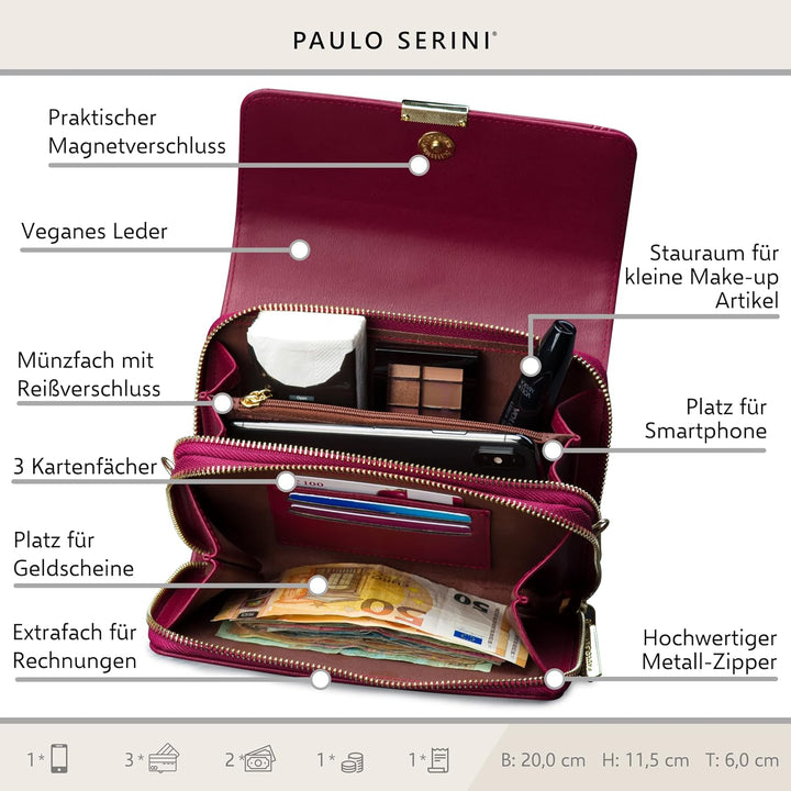 PAULO SERINI® Umhängetasche Damen | Handytasche zum Umhängen aus 100% veganem Leder | Handtasche Dam