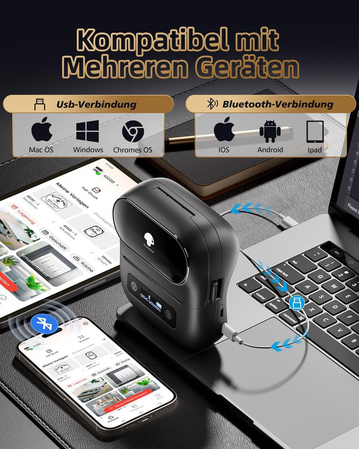 Phomemo M220 Etikettendrucker Beschriftungsgerät, Thermo Bluetooth Tragbarer Etikettenhersteller, Ak