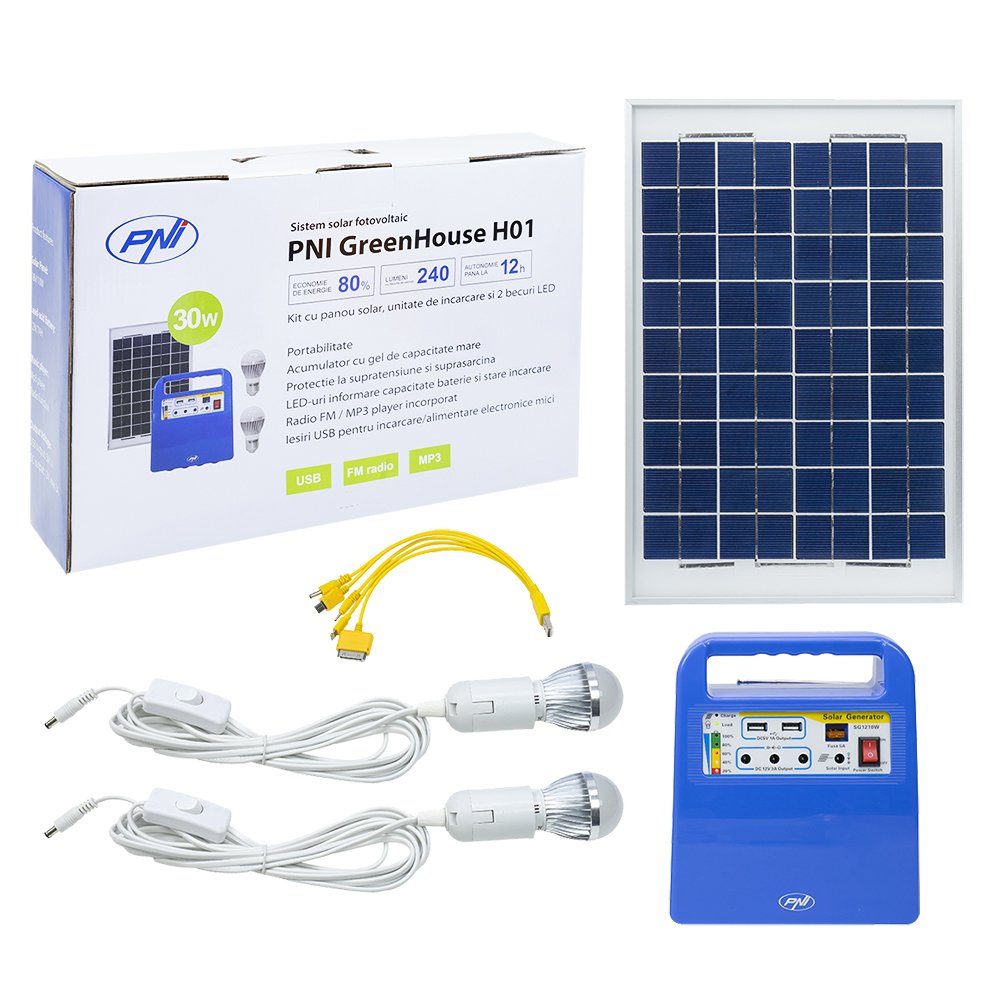 PNI Solarpanel Tragbarer Solarstrom-Stromerzeuger Greenhouse H01 30W mit 12V / 7Ah Batterie, USB/Rad