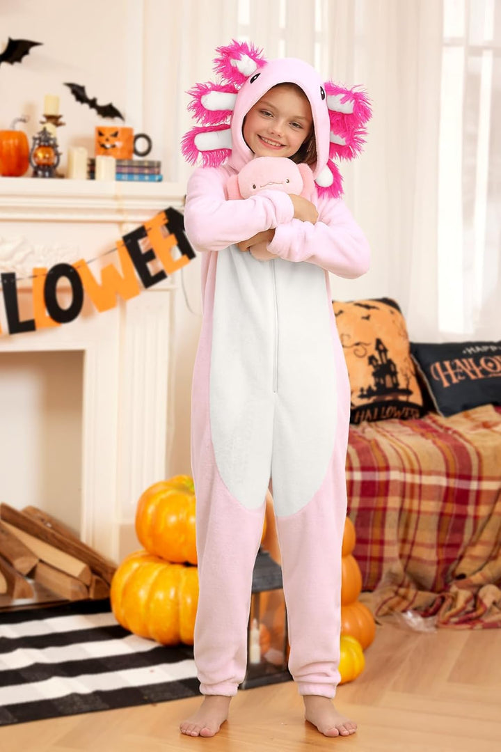 BesserBay Kinder Fleece Warm Jumpsuit mit Kapuze Jungen Mädchen Unisex Tiere Overall 1-12 Jahre Axol