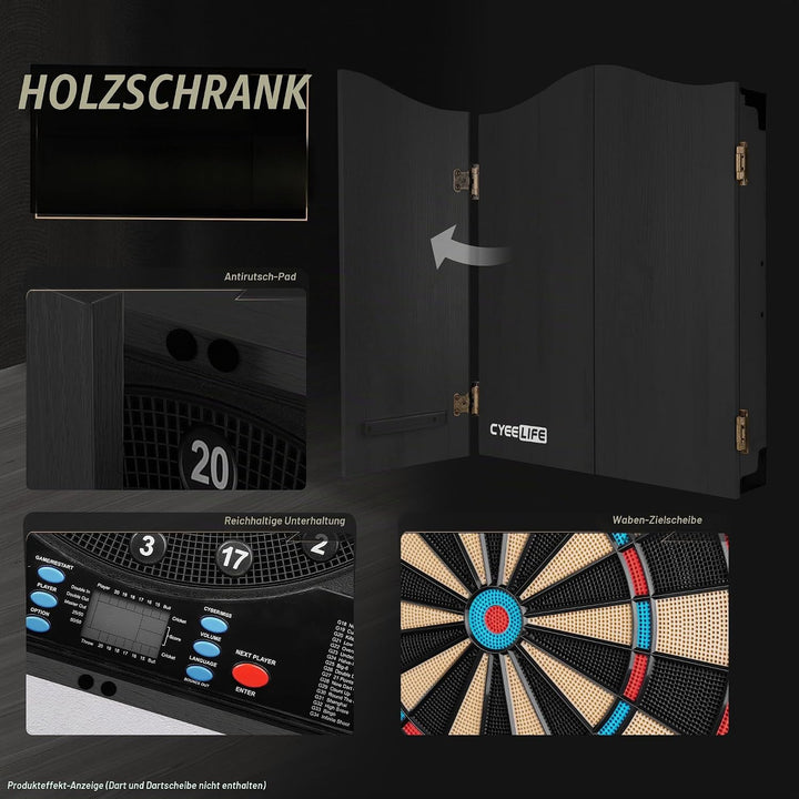 CyeeLife Elektronisch Dartscheibe mit Holzkiste Kabinette und 12 Dartpfeile Set