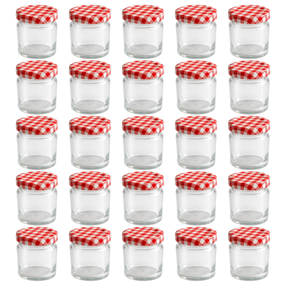 Vitrea 25x Mini Marmeladengläser 50 ml - mit Deckel Rot Kariert TO 43 - kleine Einmachgläser zum bef