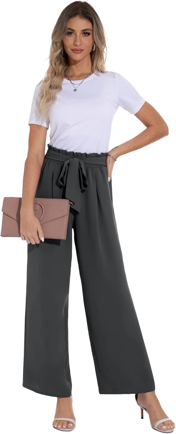 PrinStory Damen Hose Mit Weitem Bein Leichte Elastische Taille Sommer Hose Mit Taschen Kausale Arbei