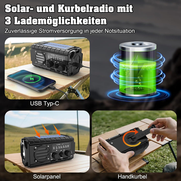 Nigecue Solar Radio, Tragbar Kurbelradio Dynamo Radio mit AM/FM, Eingebaute Wiederaufladbare Batteri