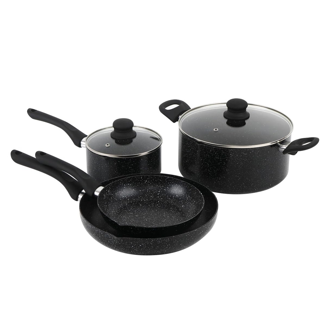 QDESIGN BLACKMARBLE+ Kochgeschirr 6 tlg. - 2 Pfannen + 2 Töpfe kratzfest Aluminiumguss, Antihaftbesc