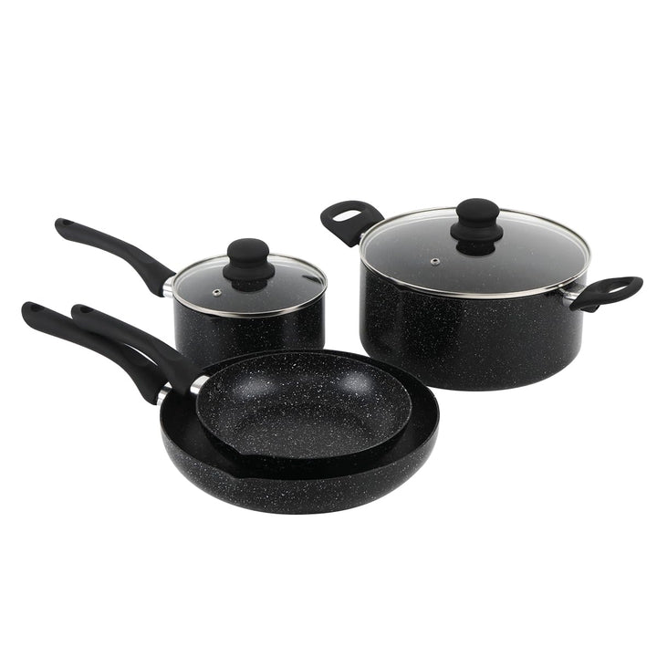QDESIGN BLACKMARBLE+ Kochgeschirr 6 tlg. - 2 Pfannen + 2 Töpfe kratzfest Aluminiumguss, Antihaftbesc