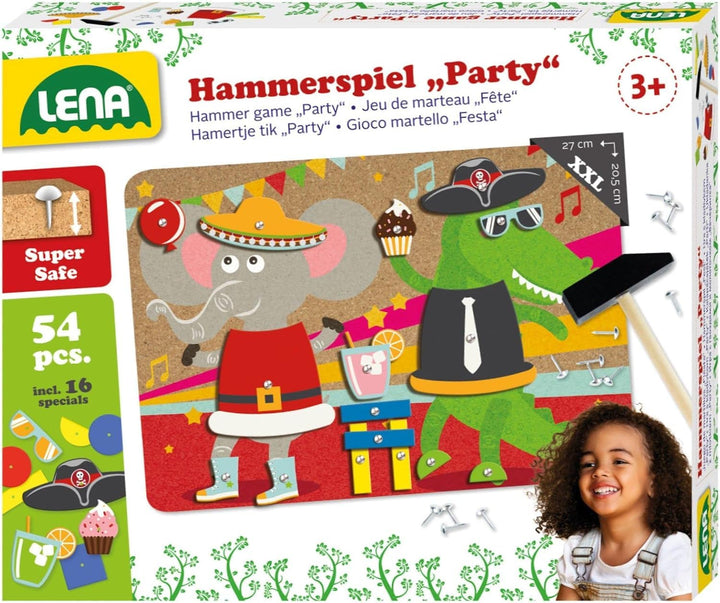 Lena 65835 - Hammerspiel Party, Nagelspiel mit 38 farbigen Teilen & 16 Sonderteile, XXL Grundplatte