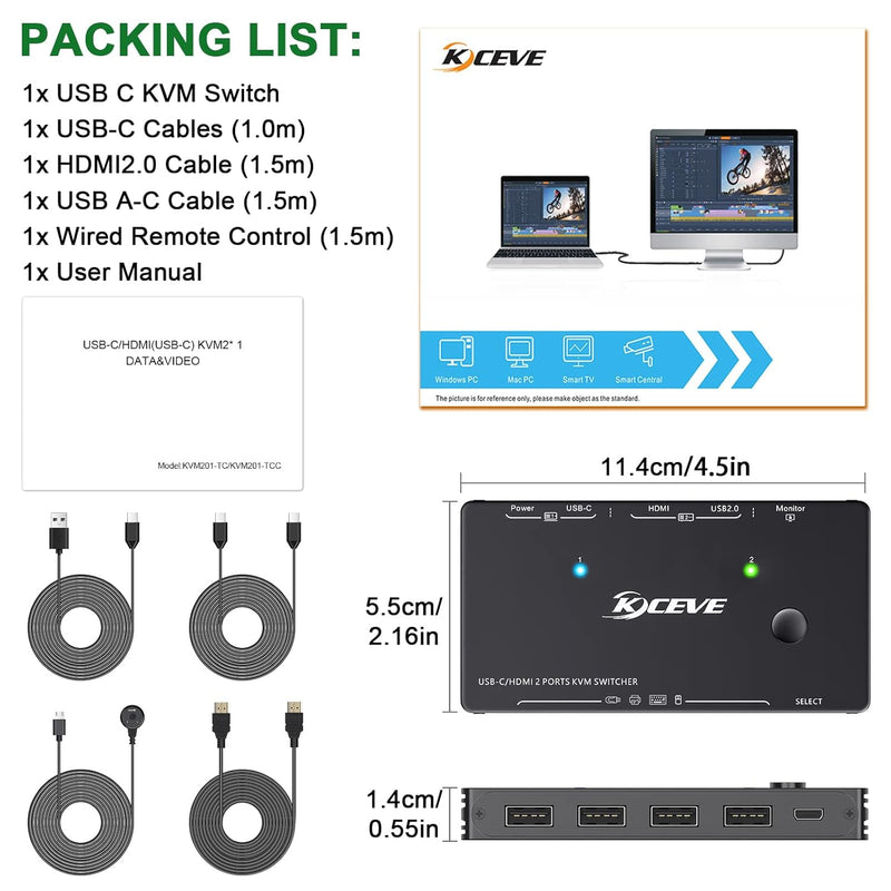 USB-C KVM Switch für 1 Typ-C- und 1 HDMI Computer, KVM Typ-C Umschalter Unterstützt 4K @ 60Hz, die T