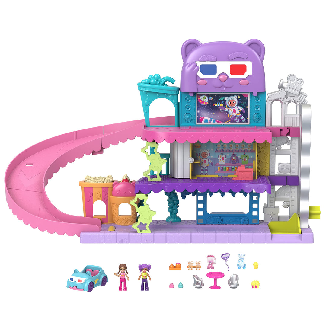 Polly Pocket Pollyville Drive-In-Kino - 2 Puppen, 1 Spielzeugauto, 11 Zubehörteile, 3 Stockwerke, Au