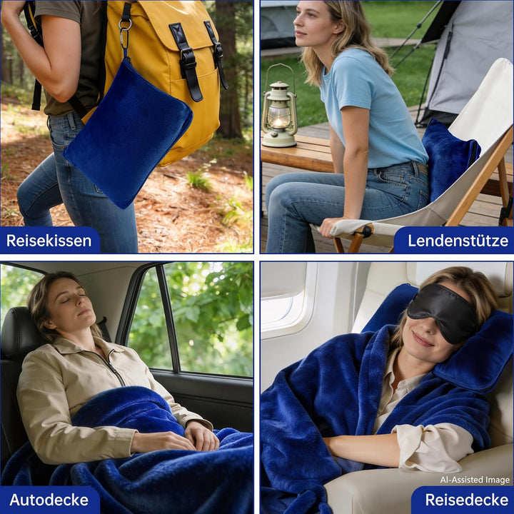 3 in 1 Reisedecke Ultraleicht und warm für Flugzeug und Auto - Tragbares aufblasbares Flugzeug Kisse