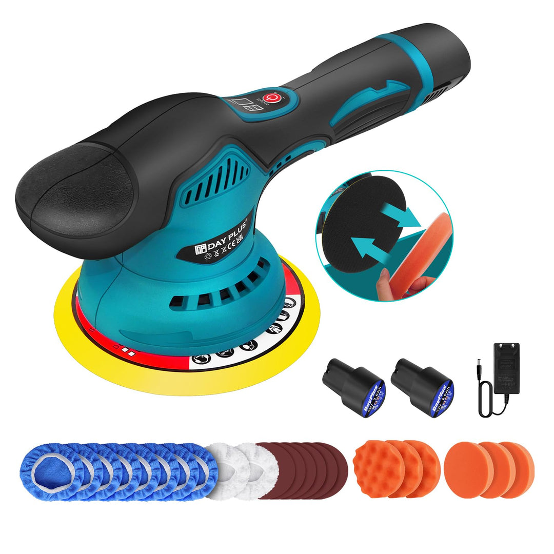 Exzenter Poliermaschine Akku Polierer 12V mit 2 x 2.0Ah, 8 Geschwindigkeit, AkkusPoliergerät 125-150