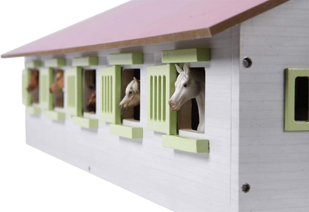 Kids Globe Farming Reiterhof rosa Bauernhof Pferdestall Holz 1:32 mit 9 Boxen, Spielzeug Pferdehof,