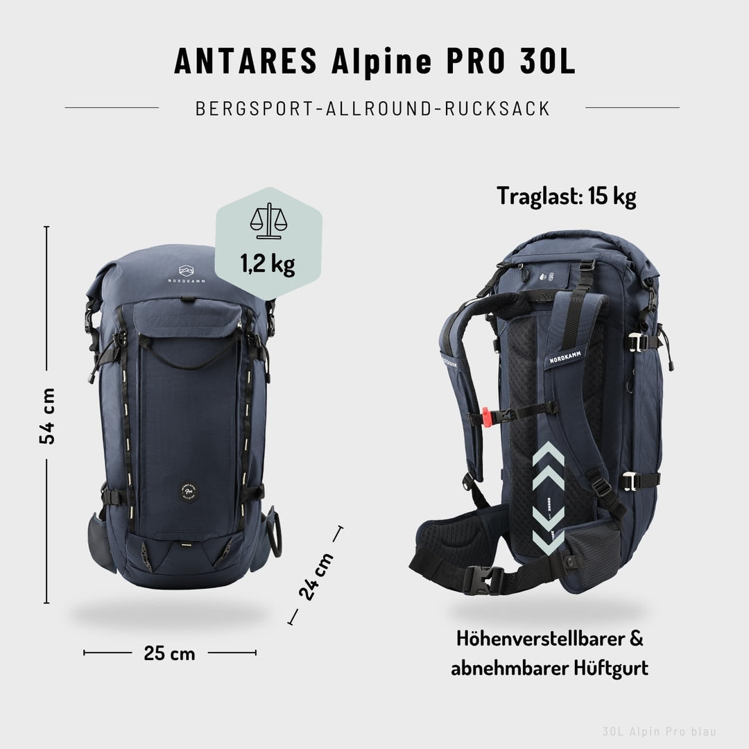 NORDKAMM® Antares Alpine Bergsport Allround Wanderrucksack 30L oder 40L, mit RollTop, Damen und Herr