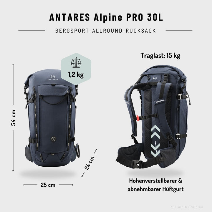 NORDKAMM® Antares Alpine Bergsport Allround Wanderrucksack 30L oder 40L, mit RollTop, Damen und Herr