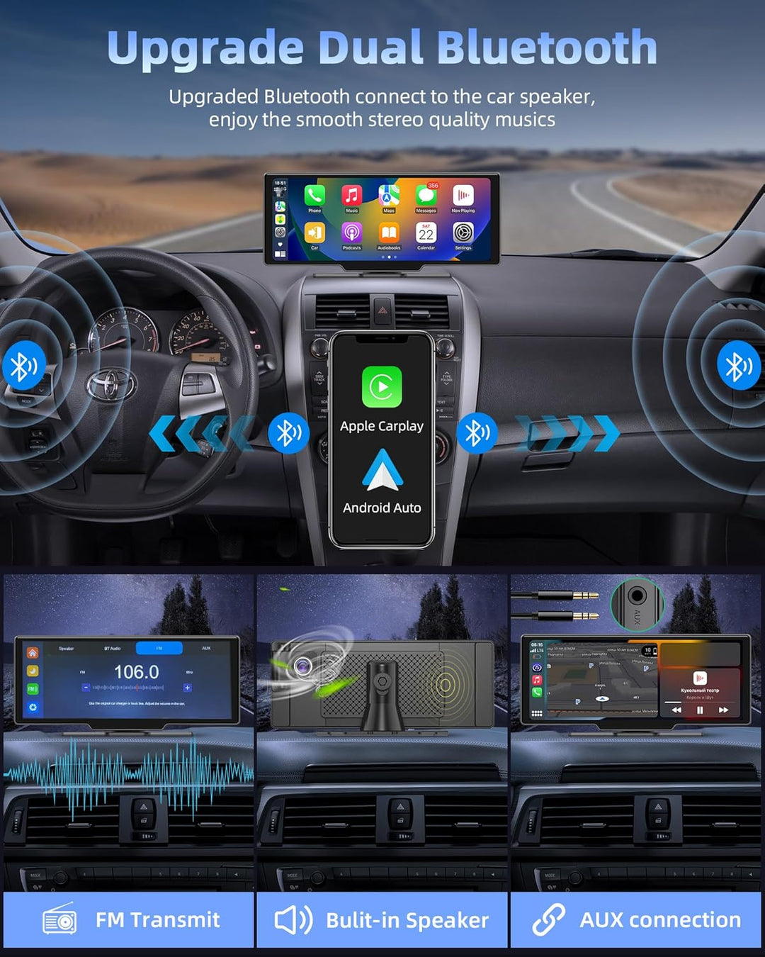 Exklusiv 10,26 Zoll Carplay Display Android Auto Display mit 180° Drehen 2,5K Dashcam, Wireless Auto