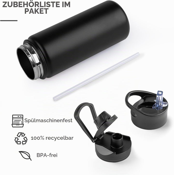 Edelstahl Trinkflasche - 500ml - mit Strohhalm,Auslaufsicher,Kohlensäure Geeignet,BPA frei Thermosfl
