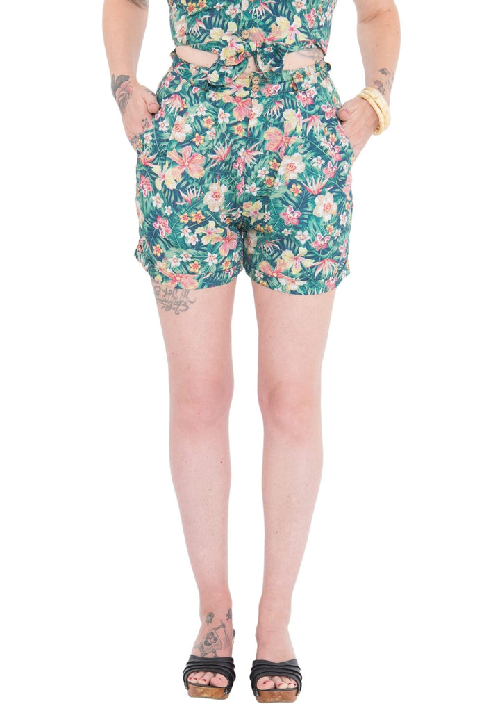 Queen Kerosin Damen Shorts Mit Tropischem Muster Aufschlag Shorts Tailliert Gemustert M Slim Grün, M