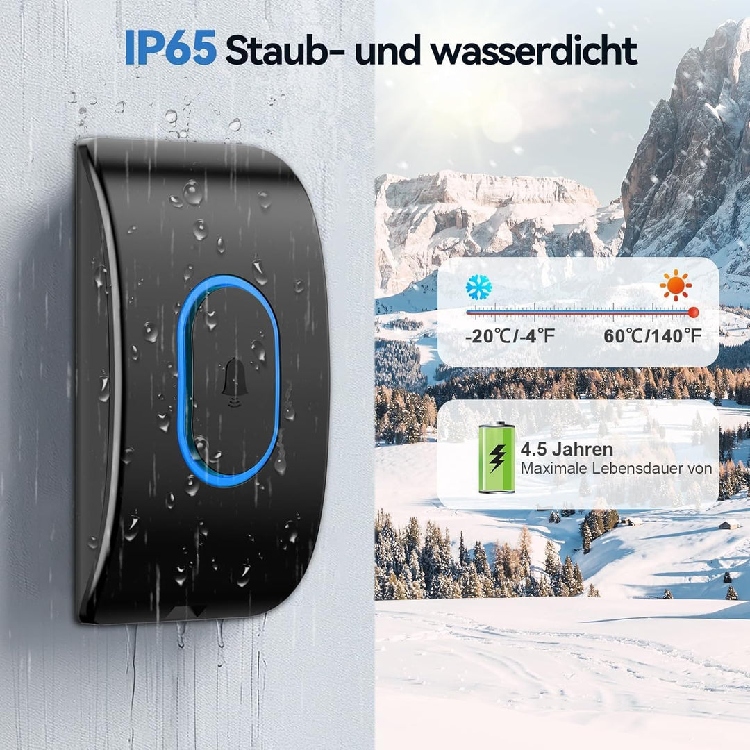 TECKNET Türklingel IP65 Funkklingel Aussen Wasserdicht, 400m Reichweite, Klingelset mit 1 Sender und