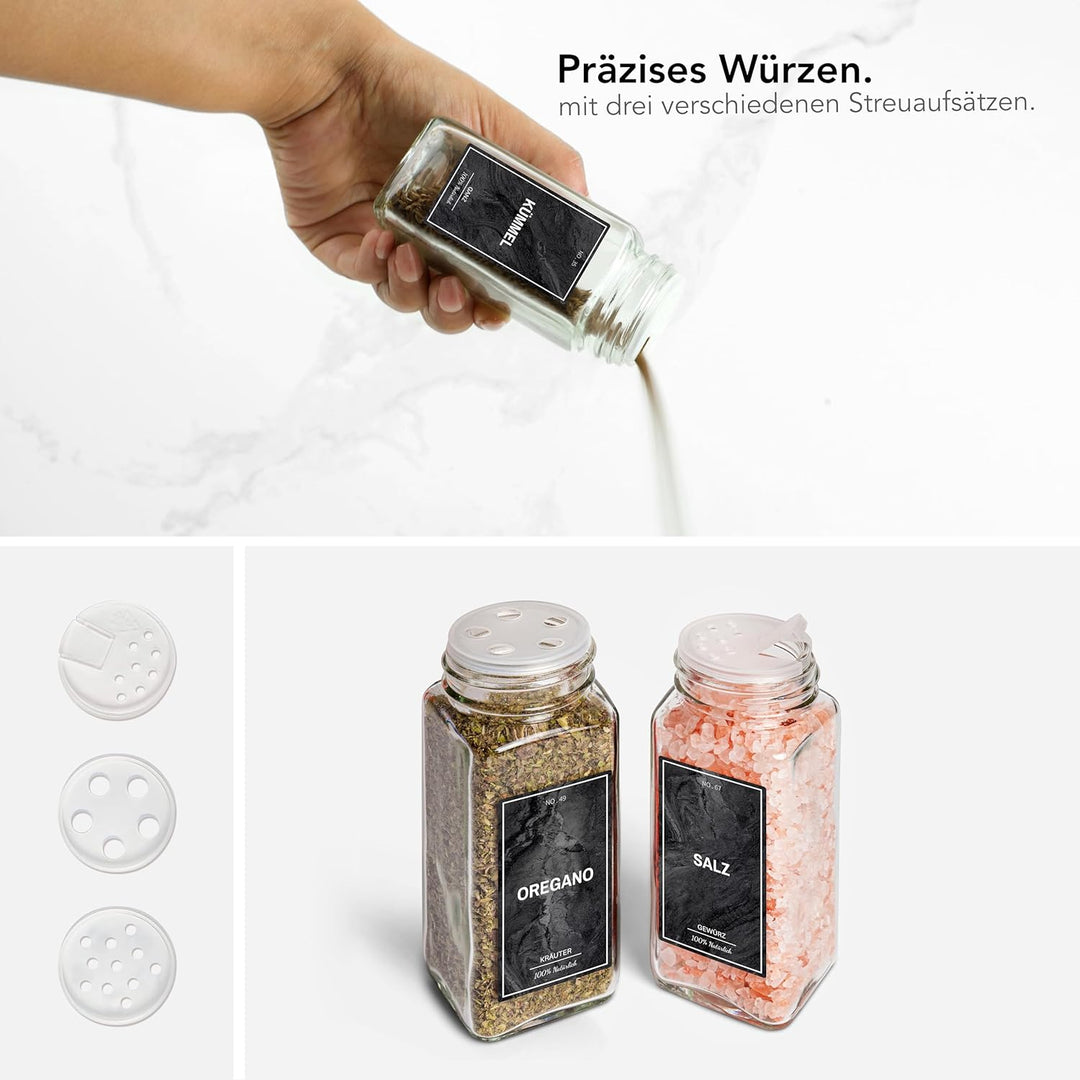 Greeano Gewürzgläser Set [24 x 120ml] mit 300 Gewürzetiketten [DE] - Gewürzgläser eckig mit Streuein