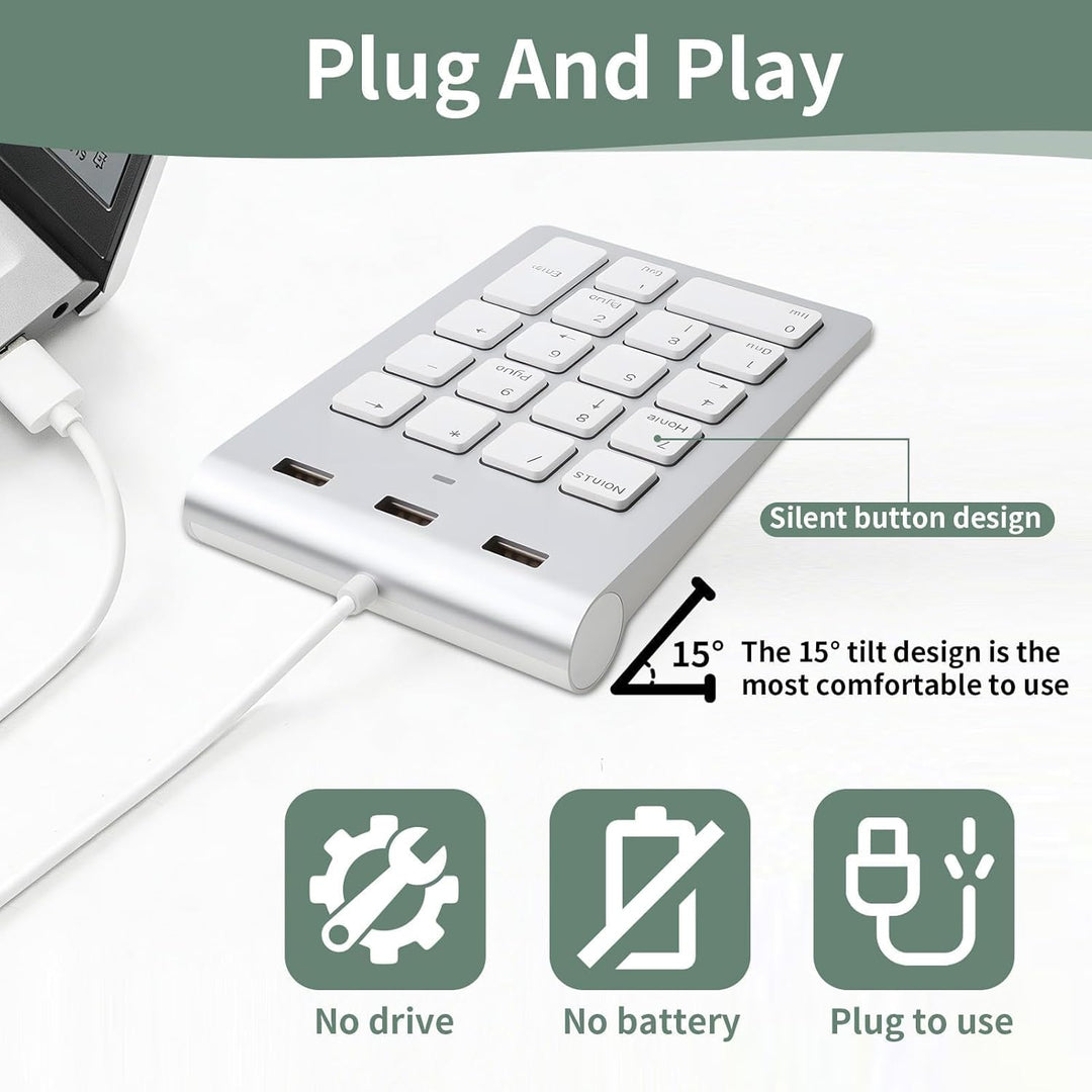 Numpad Wired USB-A Numeric Keypad Wired Numpad mit 3 USB 2.0 Hub Nummernblock Tastatur 18 Tasten 15°