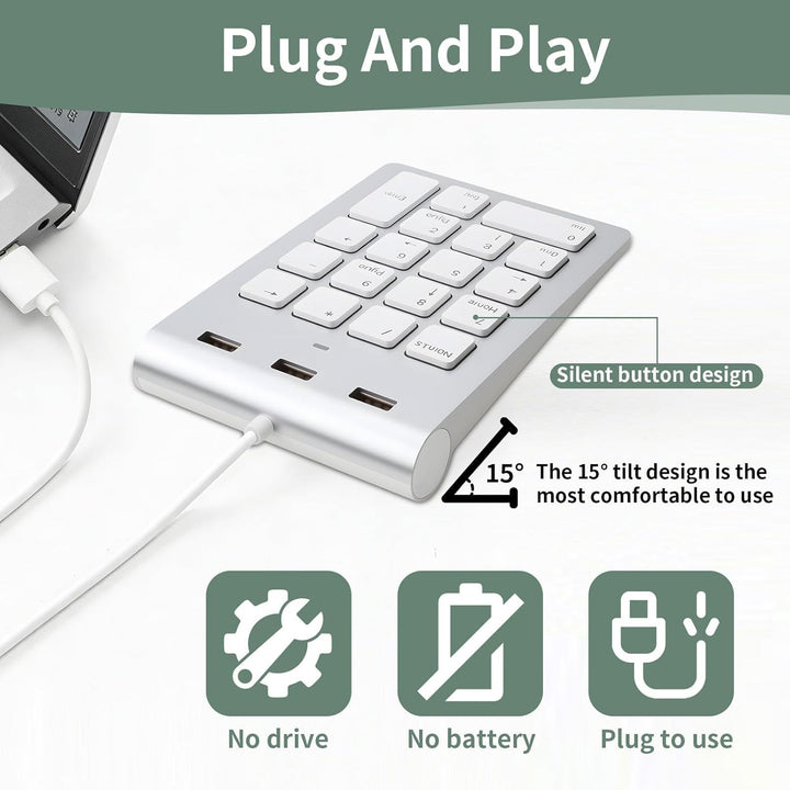 Numpad Wired USB-A Numeric Keypad Wired Numpad mit 3 USB 2.0 Hub Nummernblock Tastatur 18 Tasten 15°