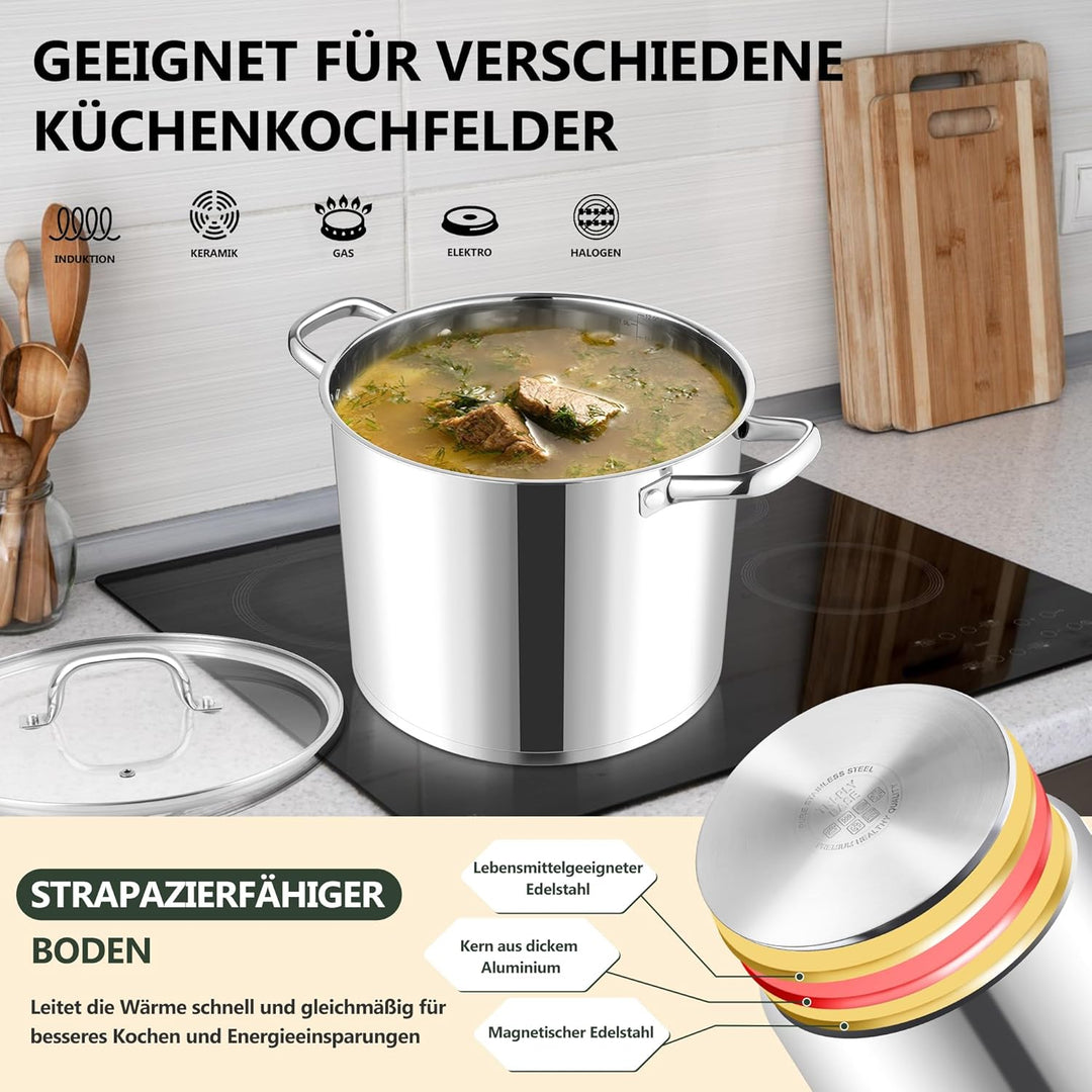 Joyfair Kochtopf, 11,4 Liter Edelstahl Gross Topf Induktion mit Glasdeckel, 3 Lagen Stabiler Boden S