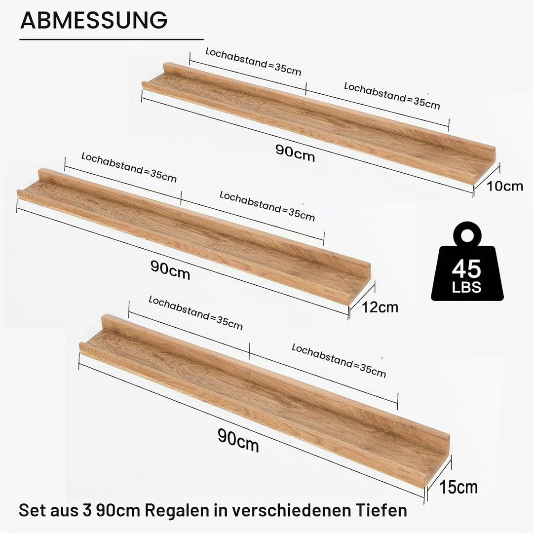 Bilderleiste Holz, Eiche Wandregal Holz 3er-Set Regal Massiv Schweberegal gewürzregal regalbrett Hän