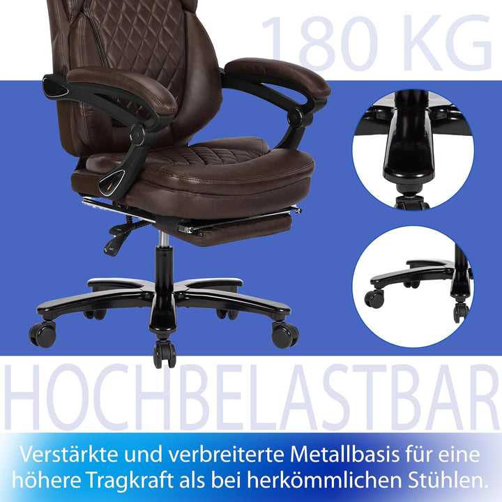 Bosmiller Grosser Chefsessel mit Fussstütze, Office Chair 180kg, Ergonomischer Bürostuhl für Übergrö