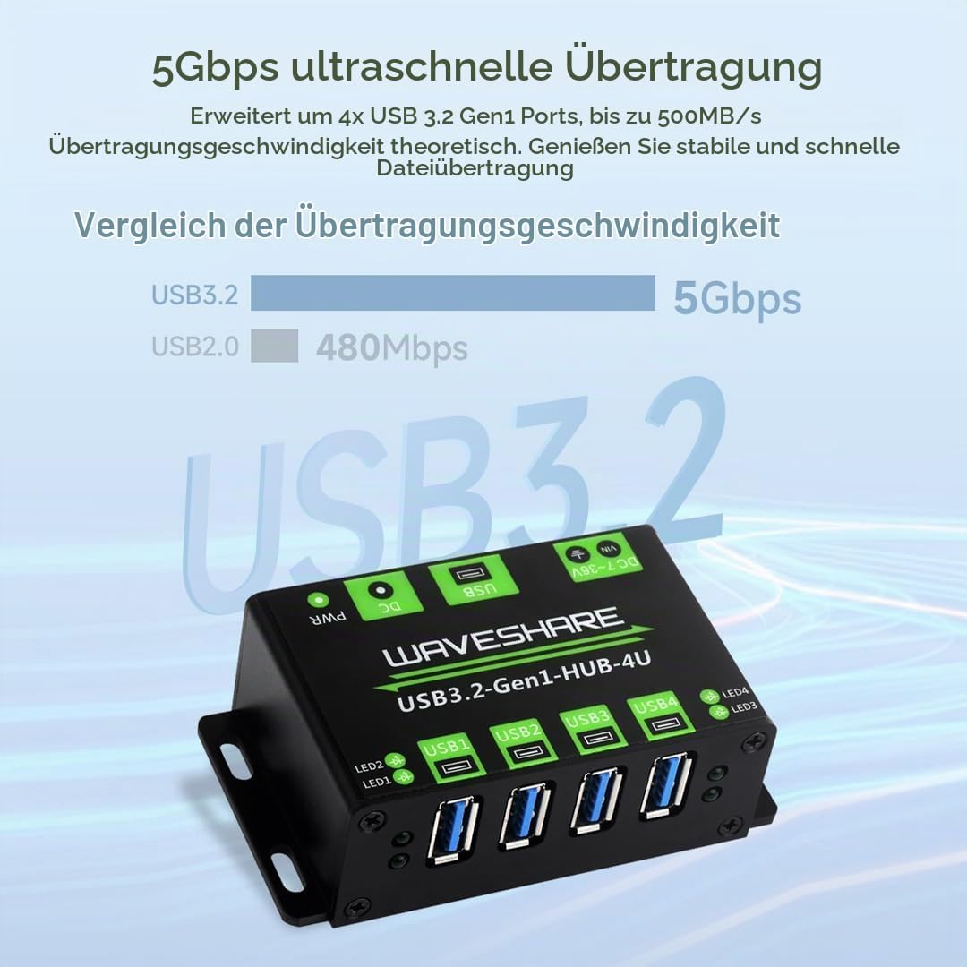 Waveshare 4-Ch USB 3.2 Gen1 HUB, Metal Case with Wall-Mount Support, Driver-Free, Plug-and-Play, Com