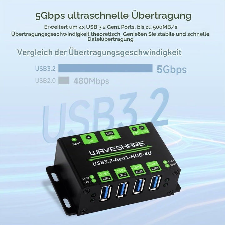 Waveshare 4-Ch USB 3.2 Gen1 HUB, Metal Case with Wall-Mount Support, Driver-Free, Plug-and-Play, Com