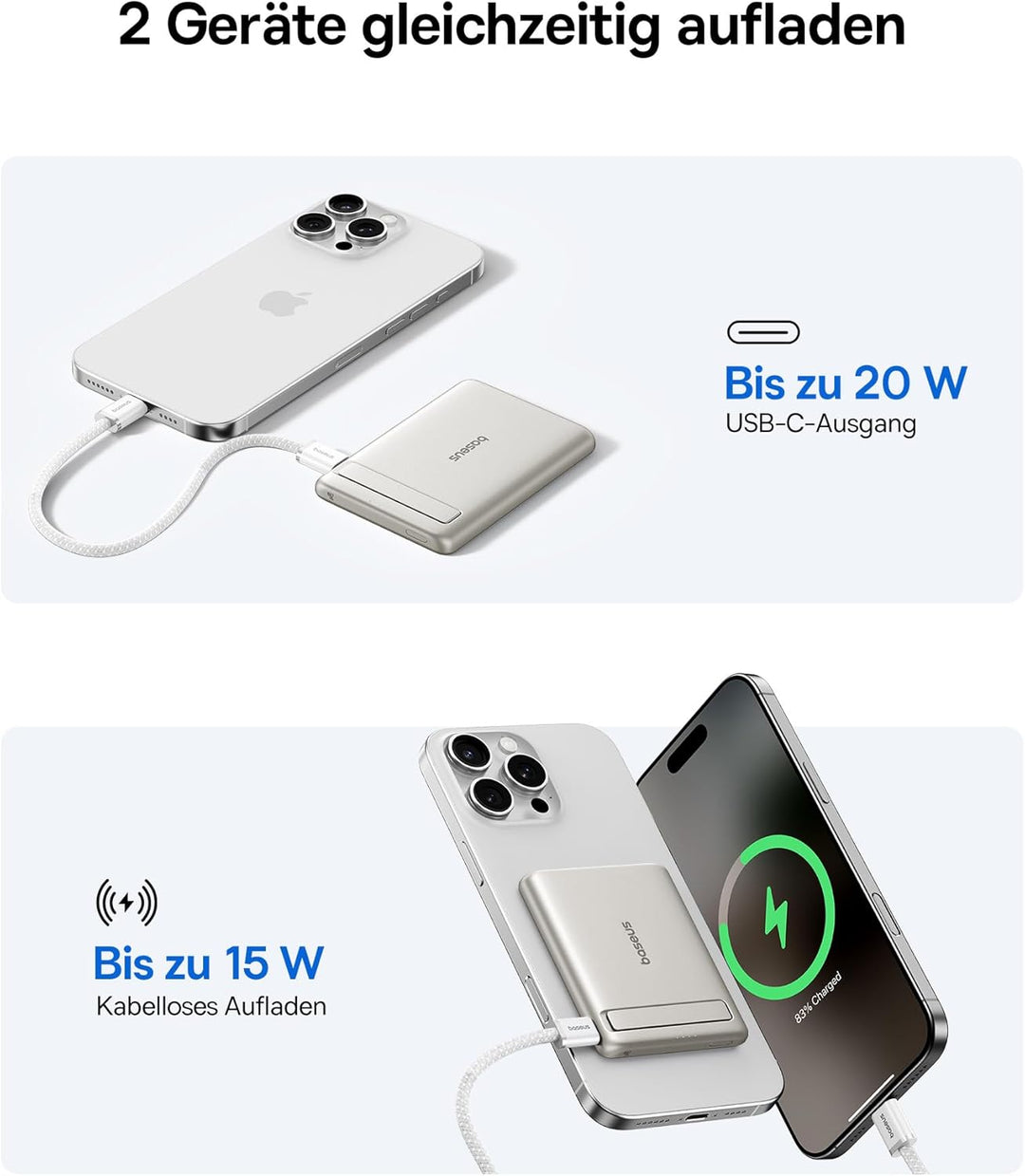 Baseus Mini MagSafe Powerbank 5000mAh Qi2-zertifiziertes mit Klappbarer Ständer, PD 20W Magnetische