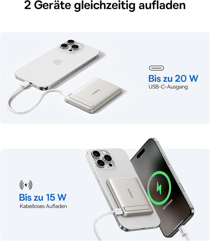 Baseus Mini MagSafe Powerbank 5000mAh Qi2-zertifiziertes mit Klappbarer Ständer, PD 20W Magnetische