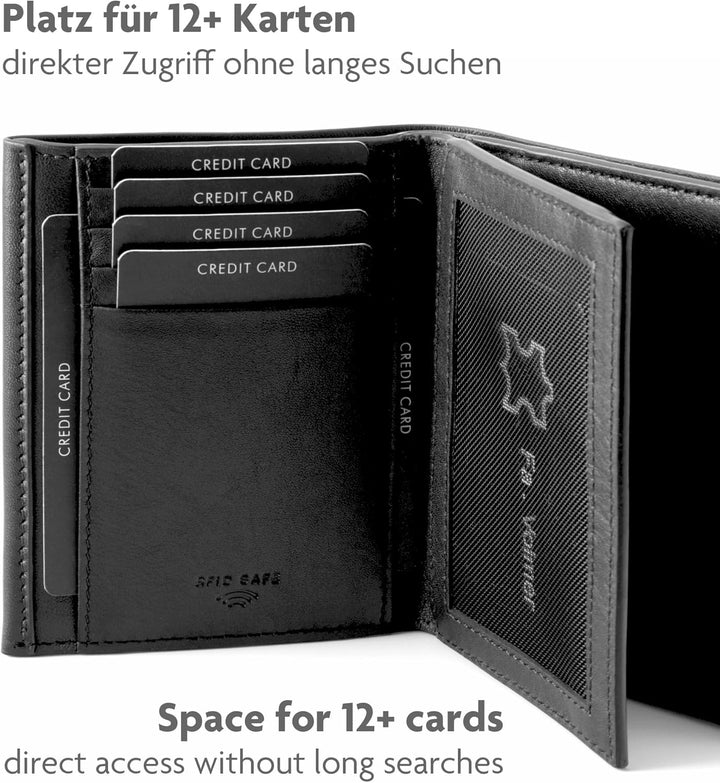 Fa.Volmer ® Schwarze Geldbörse aus echtem Leder für Herren und Damen im Hochformat I mit RFID Schutz